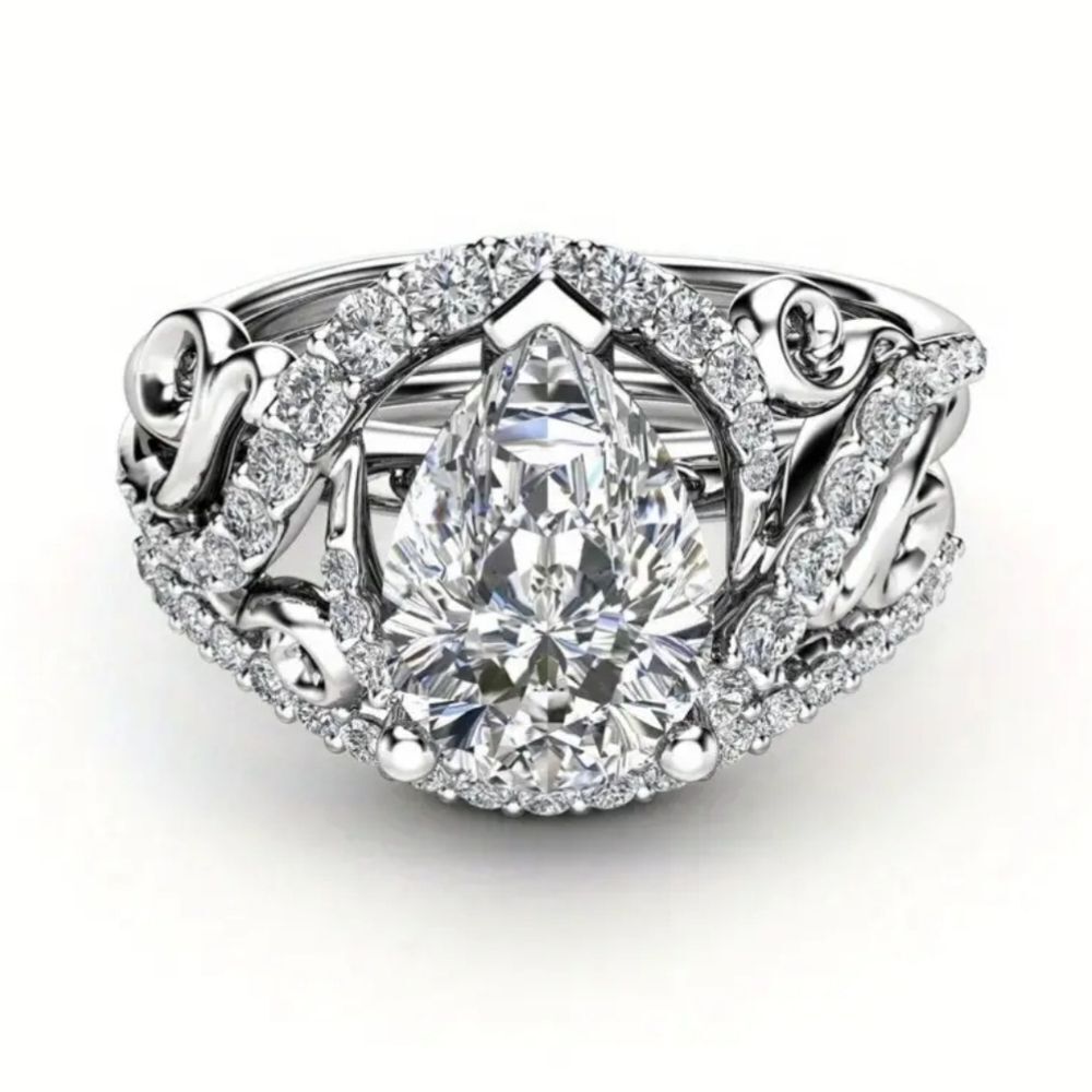 Elegant Halo pear cut white diamond wedding ring set sz 9